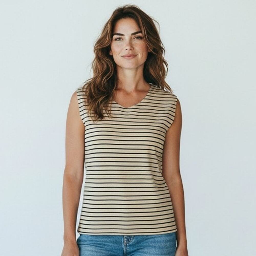 Vintage 80's Claudia D Brown Black Striped Tank Top Round Neck Size L Stretch